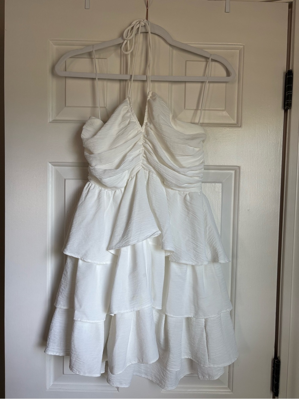 White Tiered Halter Ruffle Mini Dress